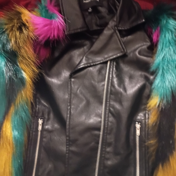 Jealous Tomato Black Vegan Leather Jacket with Multicolor Faux Fur Sleeves - Picture 11 of 14